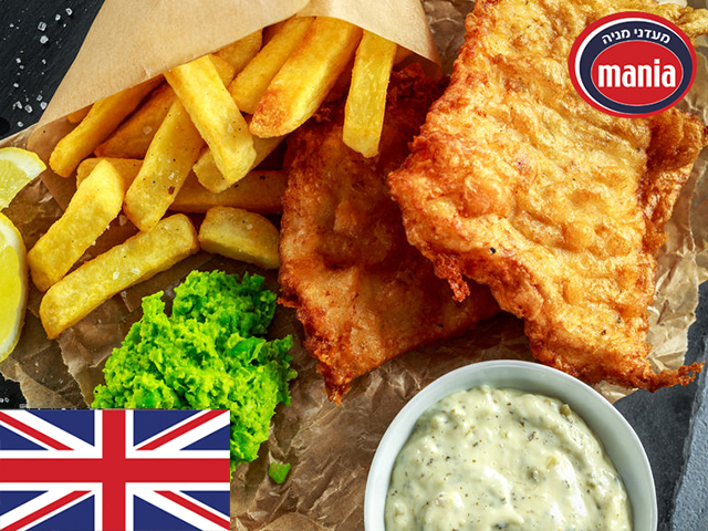 British Traditional Fish and chips with mashed peas, tartar sauce on crumpled paper